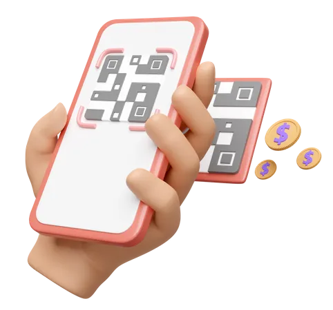 3 D Hand Holding Mobile Phone Smartphone With Qr Code Scanner Coins Isolated Cashless Payment Online Shopping Concept 3D Icon