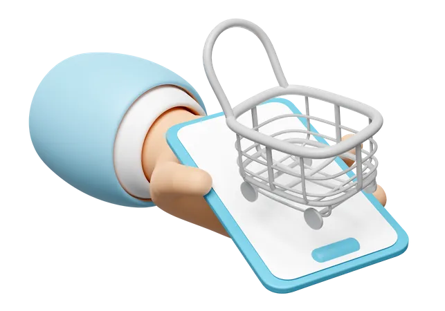 3 D Hand Holding Smartphone With Shopping Carts Basket Isolated Online Shopping Concept 3D Icon