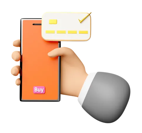 Businessman Hands Holding Orange Mobile Phone Smartphone With Credit Card Check Buy Label Tag Isolated Internet Banking Online Shopping Concept 3D Icon