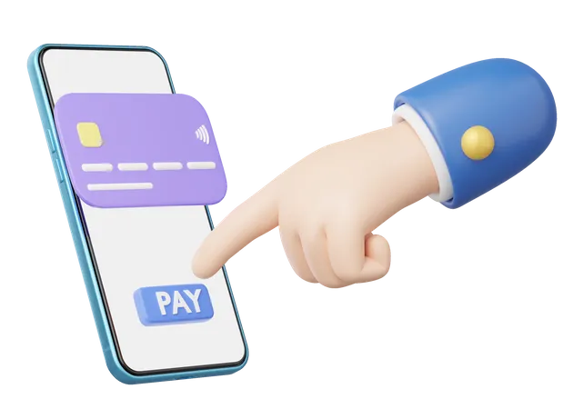 3 D Hand Press Pay Button Icon Phone With Credit Card Float On Transparent Mobile Banking Online Payment Service Withdraw Money Easy Shop Cashless Society Concept Cartoon Minimal 3 D Render 3D Icon