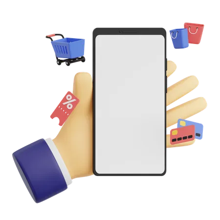 Hand Gesture Holding Smartphone With Shopping  3D Icon