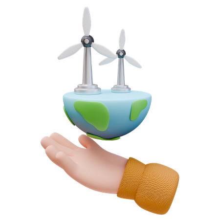 Hand hält Planeten mit Windturbine  3D Icon