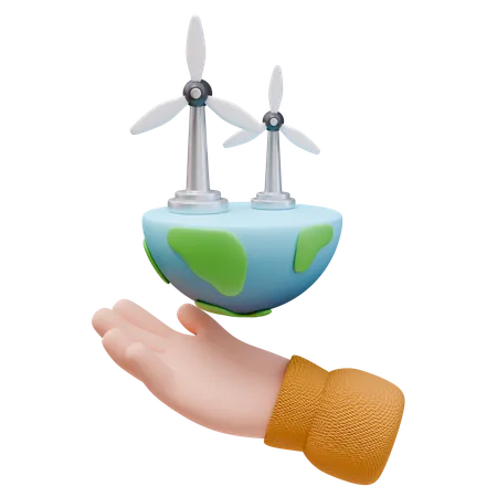 Hand hält Planeten mit Windturbine  3D Icon