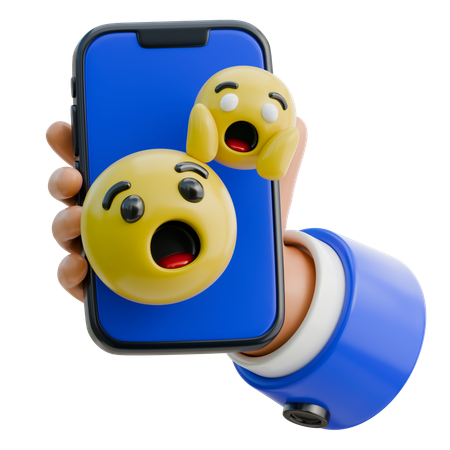 Hand hält Smartphone mit einem überraschten Emoji  3D Icon