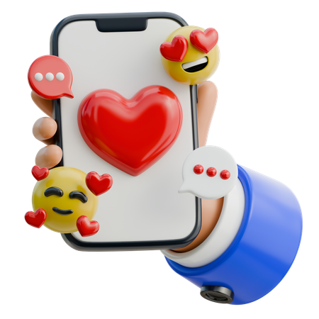 Hand hält Smartphone mit Liebes-Emoji-Reaktionen  3D Icon