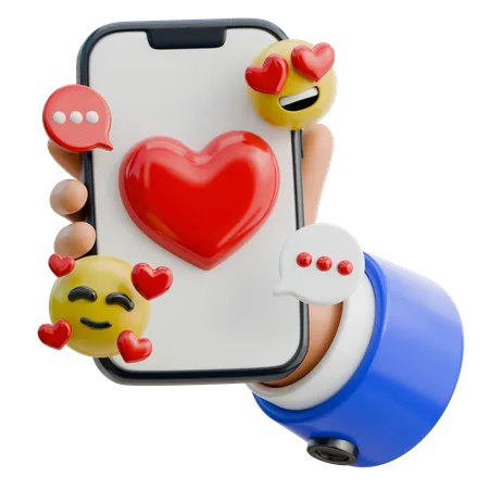 Hand hält Smartphone mit Liebes-Emoji-Reaktionen  3D Icon