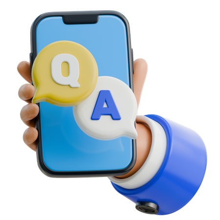 Hand hält Smartphone mit Sprechblase mit der Aufschrift „qa“  3D Icon