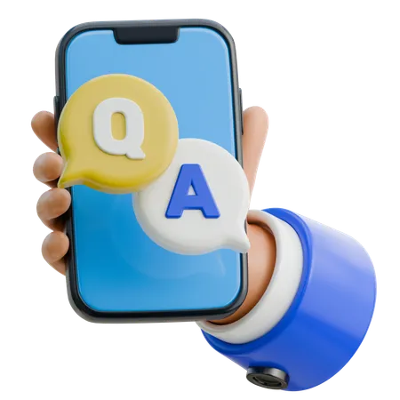 Hand hält Smartphone mit Sprechblase mit der Aufschrift „qa“  3D Icon