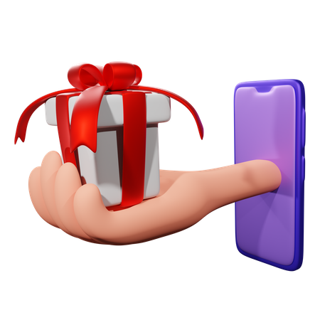 Hand Holding A Gift Box On Smartphone  3D Illustration