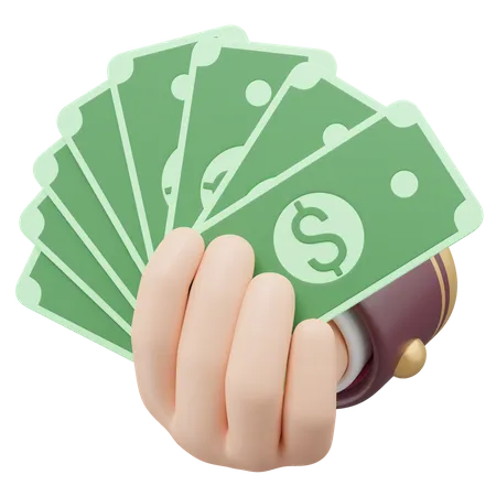3 D Hand Holding Banknote Icon Cartoon Businessman Wearing Red Suit Holds A Fan Of Money Floating Isolated On Transparent Money Saving Shopping Online Payment Concept Cartoon Minimal 3 D Render 3D Icon