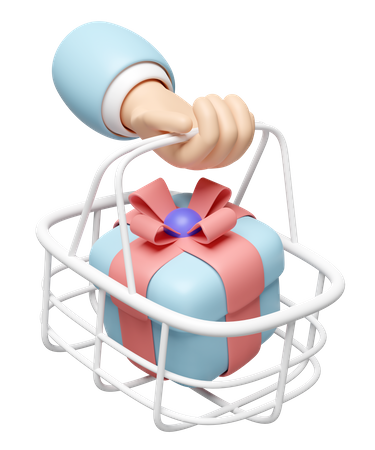 Hand Holding Basket With Gift Box  3D Icon