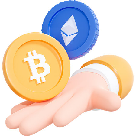 Hand Holding Bitcoin And Ethereum Coins  3D Icon