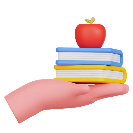 Hand Holding Books And Apple  3D Icon