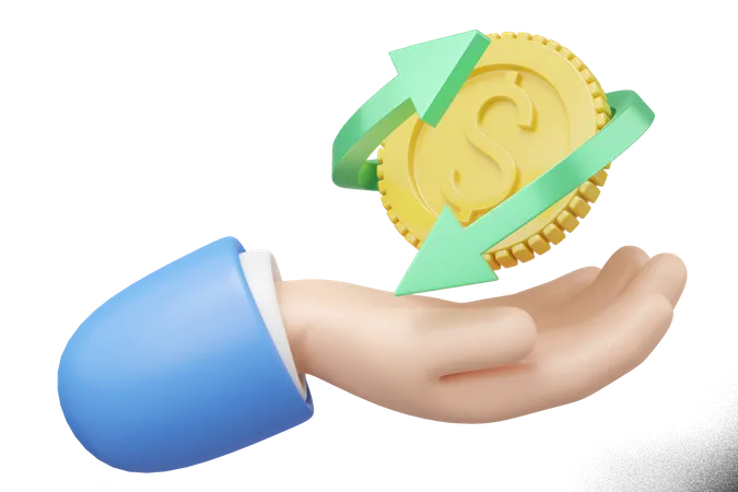 3 D Arrow That Circle Coin Float In Hand Isolated Blue Background Business Man Hold Money Mobile Banking Cashback Refund Loan Concept Saving Money Wealth Cartoon Elements Icon 3 D Rendering 3D Icon
