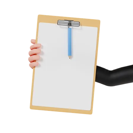 Right Hand Showing Paper And Pencil Clamped With Clipboard 3 D Render Illustration Hand Gesture 3D Icon