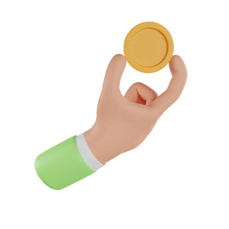 3 D Golden Coin Hand Holding Icon Closeup Cartoon Hand Hold Golden Coin 3 D Money Coin Hand Holding Finance Investment Money Saving On Hand Isolated 3 D Rendering 3D Icon
