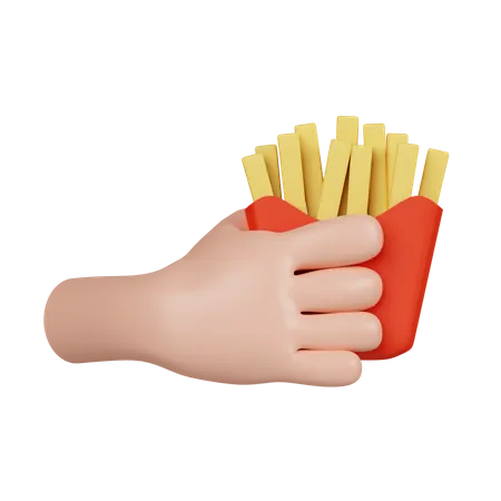 3 D Hand Holding French Fries Snack Concept Of Being Hungry Icon Isolated On Gray Background 3 D Rendering Illustration Clipping Path 3D Icon
