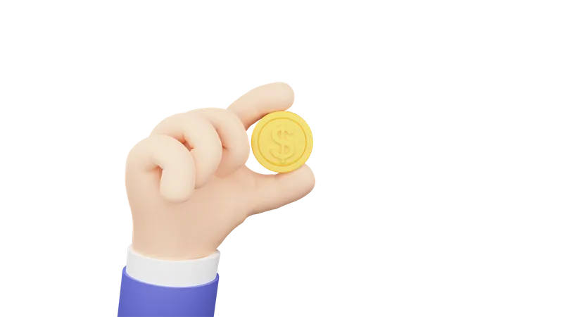 Cartoon Hand Holding Golden Dollar Coin Investment Profit Payment Concept 3 D Render Illustration 3D Illustration