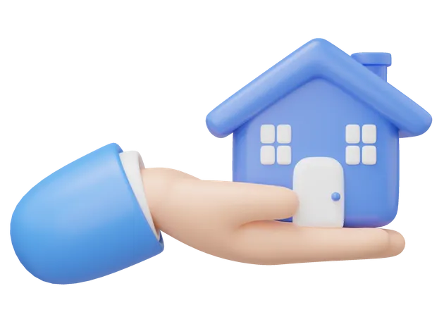 3 D Hand Holding House Icon Toy Home In Hand Float Isolated On Transparent Investment Real Estate Mortgage Offer Of Purchase Loan Concept Mockup Cartoon Minimal Icon 3 D Render Illustration 3D Illustration