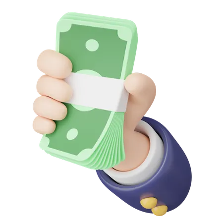 3 D Hand Holding Bundle Banknote Icon Cartoon Businessman Wearing Suit Hold Cash Money Floating Isolated On Transparent Money Saving Shopping Online Payment Concept 3 D Cartoon Minimal Render 3D Icon