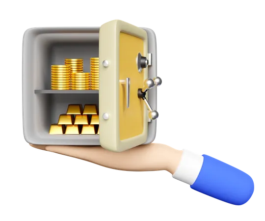 Hands Holding Safe Box Full Of Coins Stack And Gold Bar Isolated Business Banking Concept 3D Icon