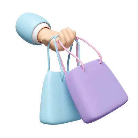 Character Cartoon Hand Holding Shopping Paper Bags Isolated 3D Icon