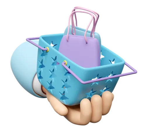 Cartoon Hands Holding Basket With Shopping Paper Bags Isolated 3D Icon