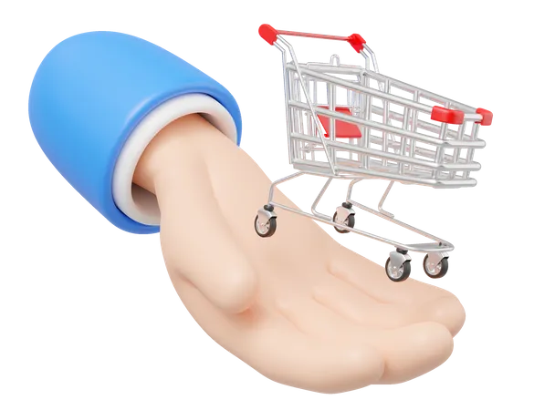 3 D Blue Hand Hold Shopping Cart Icon White Shop Trolley Float Hand Isolated On Transparent Digital Market Online E Commerce Concept Sale Promotion Business Cartoon Minimal Smooth Style 3 D Render 3D Icon