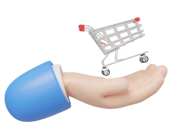 3 D Hand Hold Shop Trolley Icon White Shopping Cart Floating Hand Isolated On Blue Copy Space Background Digital Market Online E Commerce Concept Sale Promotion Business Cartoon Style 3 D Render 3D Icon
