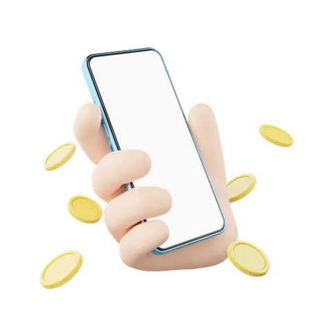 3 D Human Hand Holding Mobile Phone Icon Man Hold Smartphone Blank White Screen With Gold Coin Spread Floating On Transparent Mockup Space For Display Application Business Cartoon 3 D Icon Render 3D Icon