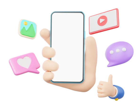 3 D Human Hand Holding Smartphone Social Media Icon With Love Like Photo Play Video Comment Floating On Isolated Mobile Phone Blank White Screen Mockup Cartoon Minimal Smooth Style 3 D Render 3D Icon