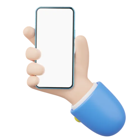 3 D Human Hand Holding Mobile Phone Icon Businessman Wearing Suit With Smartphone Blank White Screen Floating Isolated Mockup Space For Display Application Business Cartoon Style 3 D Icon Render 3D Icon