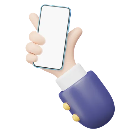 3 D Mobile Phone In Human Hand Icon Businessman Wearing Suit Holding Blue Smartphone Blank White Screen Floating Isolated Mockup Space For Display Application Business Cartoon Style 3 D Icon Render 3D Icon