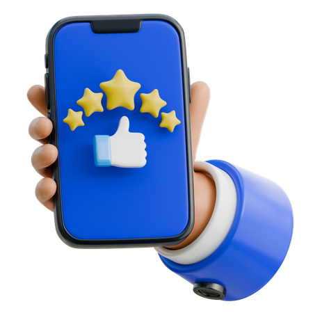 Hand Holding Smartphone Displaying 5 Star Customer Review  3D Icon