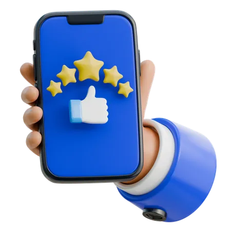 Hand Holding Smartphone Displaying 5 Star Customer Review  3D Icon