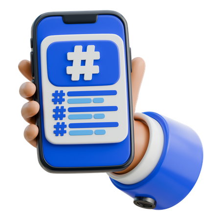 Hand Holding Smartphone Showing Hashtag List  3D Icon