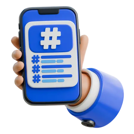 Hand Holding Smartphone Showing Hashtag List  3D Icon