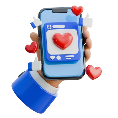 Hand Holding Smartphone Surrounded By Likes And Hearts  3D Icon