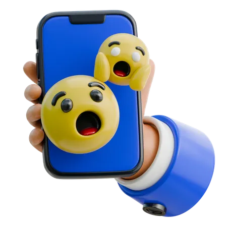 Hand Holding Smartphone With A Surprised Emoji  3D Icon