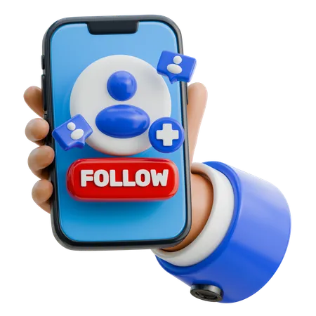 Hand Holding Smartphone With Follow Button  3D Icon