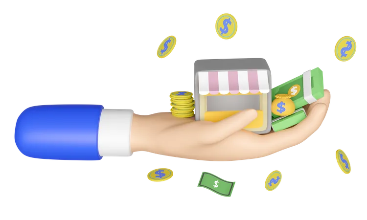 Cartoon Hands Holding Store Front Coins Banknote Money Bag Isolated Startup Franchise Business Or Loan Approval Concept 3D Icon