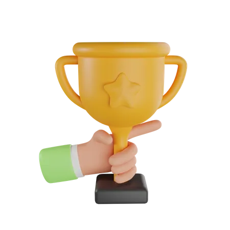 3 D Hand Holding Trophy Cup 3 D Trophy Cup In Hand Icon 3 D Celebrate Winners With Golden Cup Prize Winners Stars In Holding Hand 3 D Rendering 3D Icon