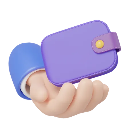 3 D Wallet Floating In Hand Isolated On Transparent Business Man Holding Purple Purse Icon Mobile Banking Online Service Cashback Refund Loan Concept Saving Money Wealth Cartoon 3 D Render 3D Icon