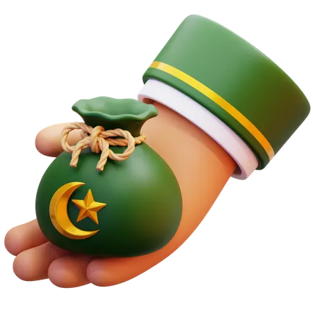 Hand Holding Zakat Charity Bag  3D Icon