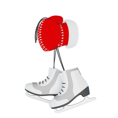 Hand in a knitted red mitten holds a pair of figure skates 3D Illustration