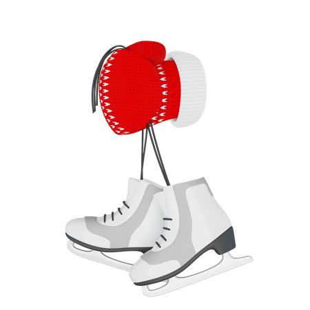 Hand in a knitted red mitten holds a pair of figure skates  3D Illustration