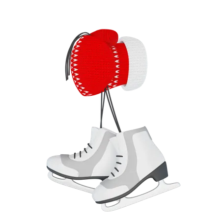 Hand in a knitted red mitten holds a pair of figure skates  3D Illustration