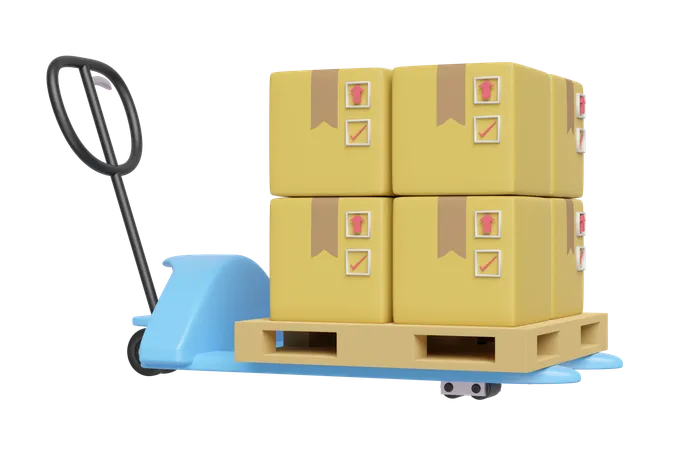 3 D Hand Pallet Truck With Goods Cardboard Box Isolated 3 D Illustration Render 3D Icon