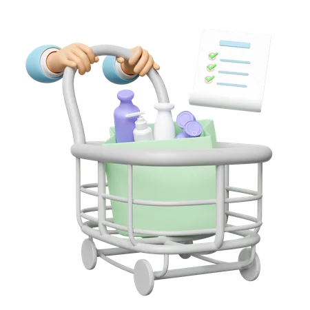 Hand Pushing A Shopping Cart With Checklist Shopping Paper Bags Miscellaneous Isolated 3D Icon