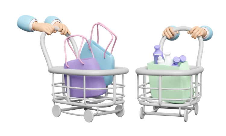 3 D Hand Pushing A Shopping Cart With Shopping Paper Bags Miscellaneous Isolated Purchase Target Enjoy Shopping Concept 3D Icon